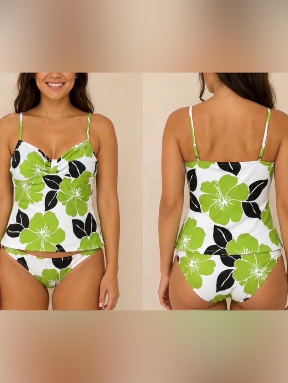 EUC Tropical Taini swimsuit set Size Large . Green. White. Brown two-piece set.
